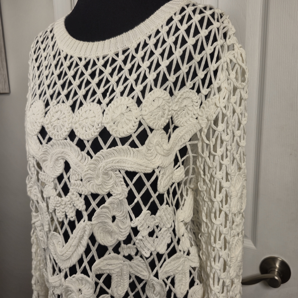 Next White Boho Chic Intricate Floral Crochet Knit Open Weave Sweater Size L - Picture 3 of 8